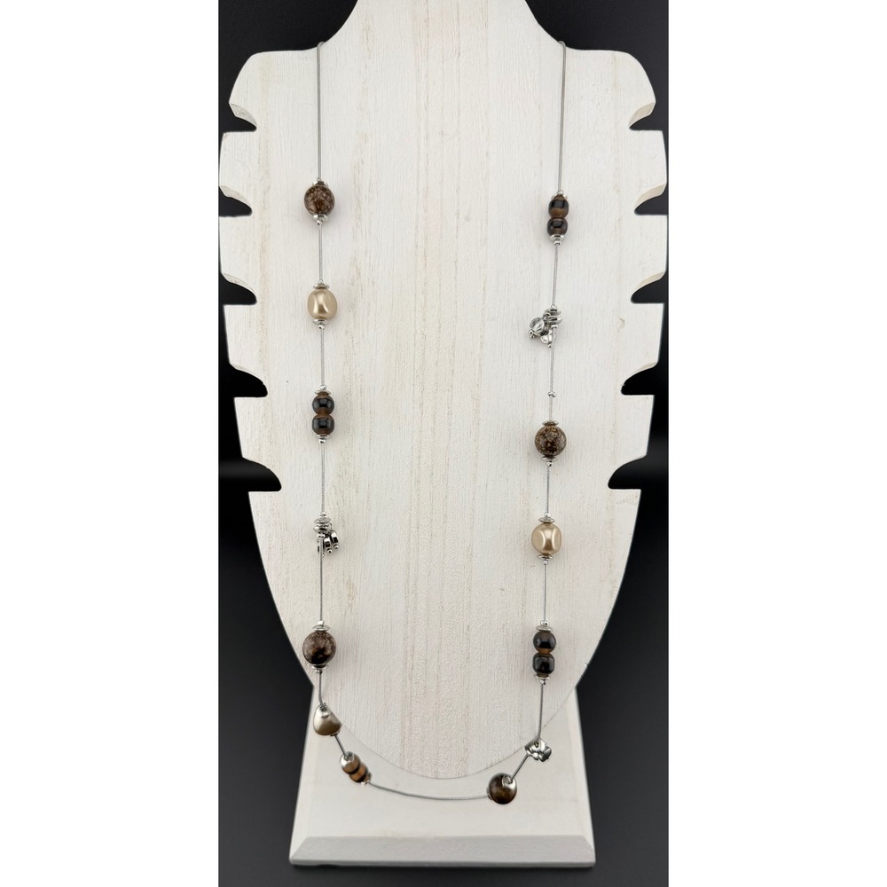 Chicos Long Station Necklace Brown Tan Silver Beaded Adjustable Snake Chain